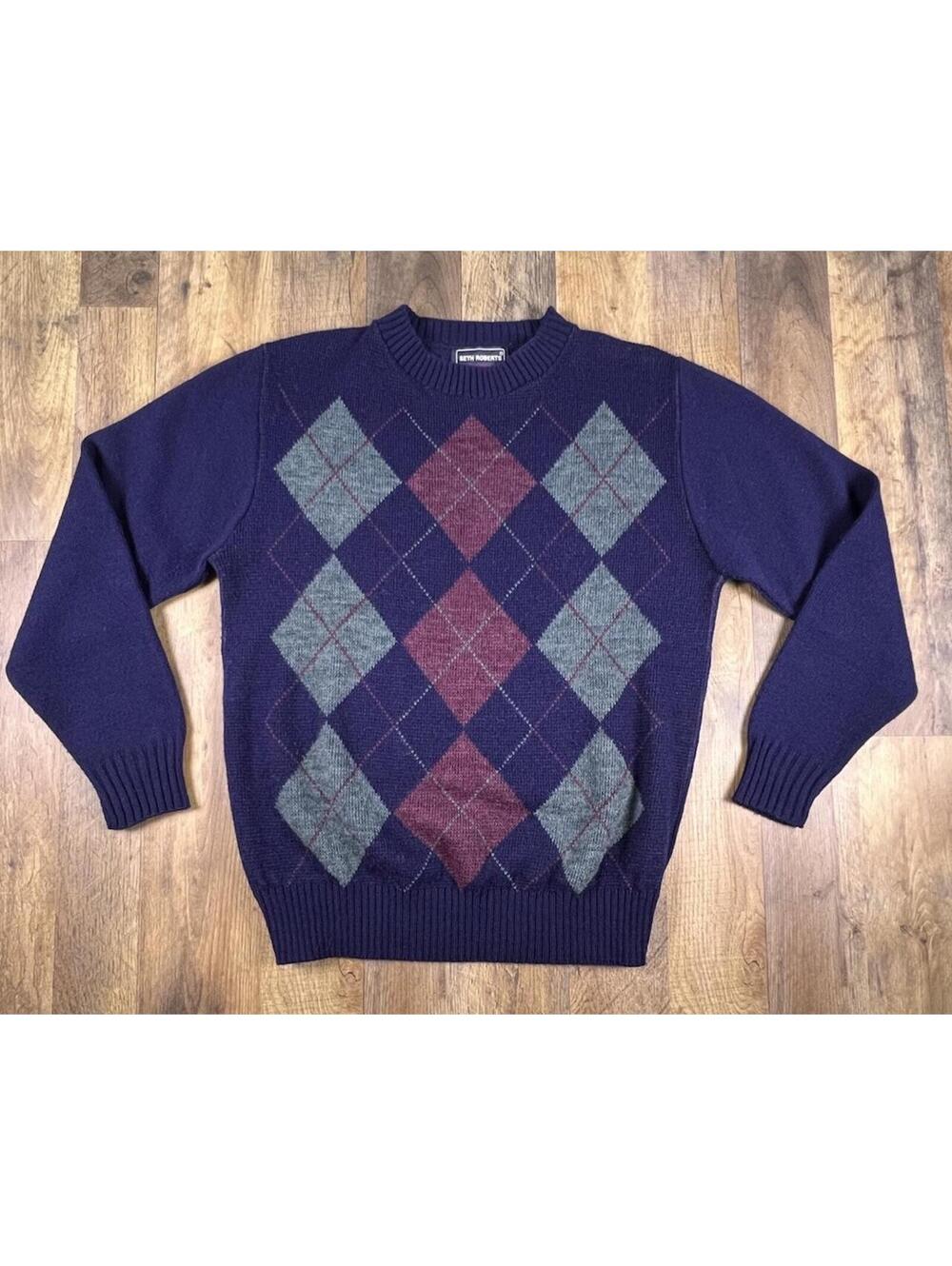 Vintage Seth Roberts Argyle Sweater Jumper Medium 90s Acrylic Chunky USA Knit